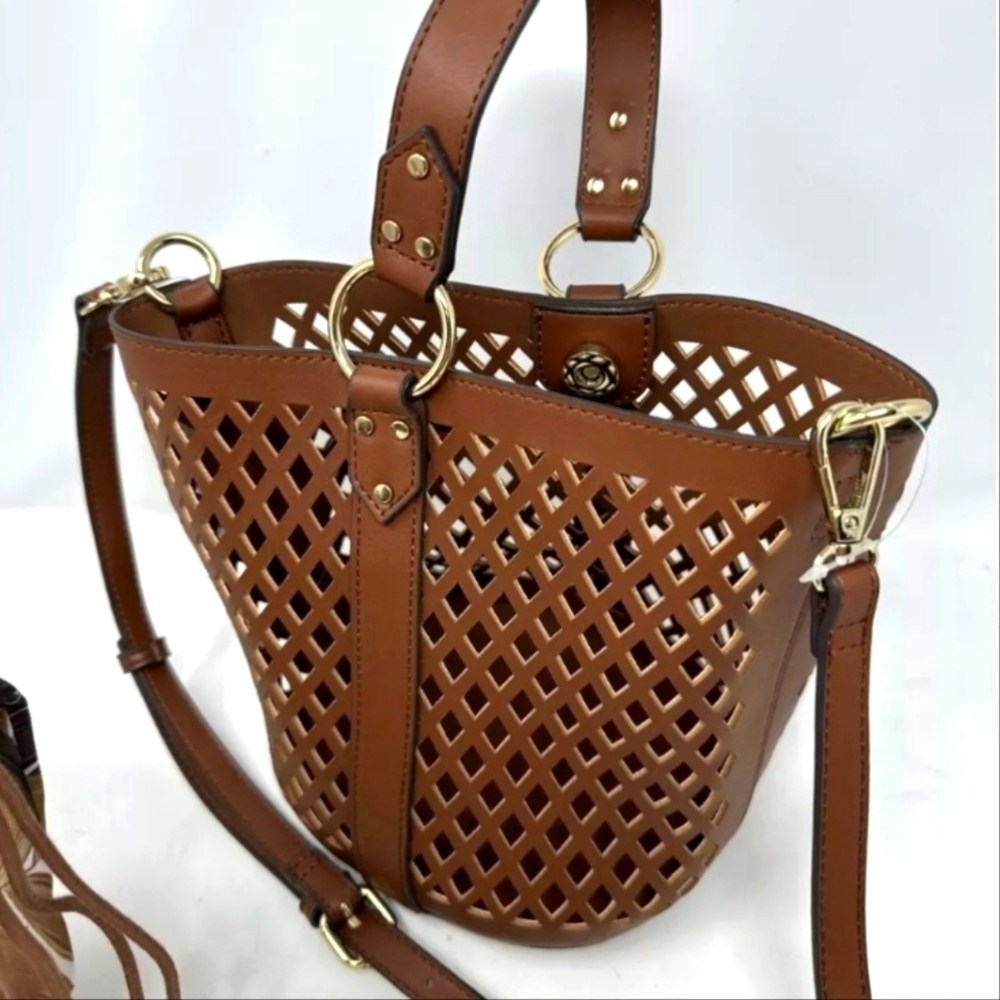 INC International Concepts Womens Brown Vegan Leather Weave Bucket Purse Handbag - Picture 7 of 10